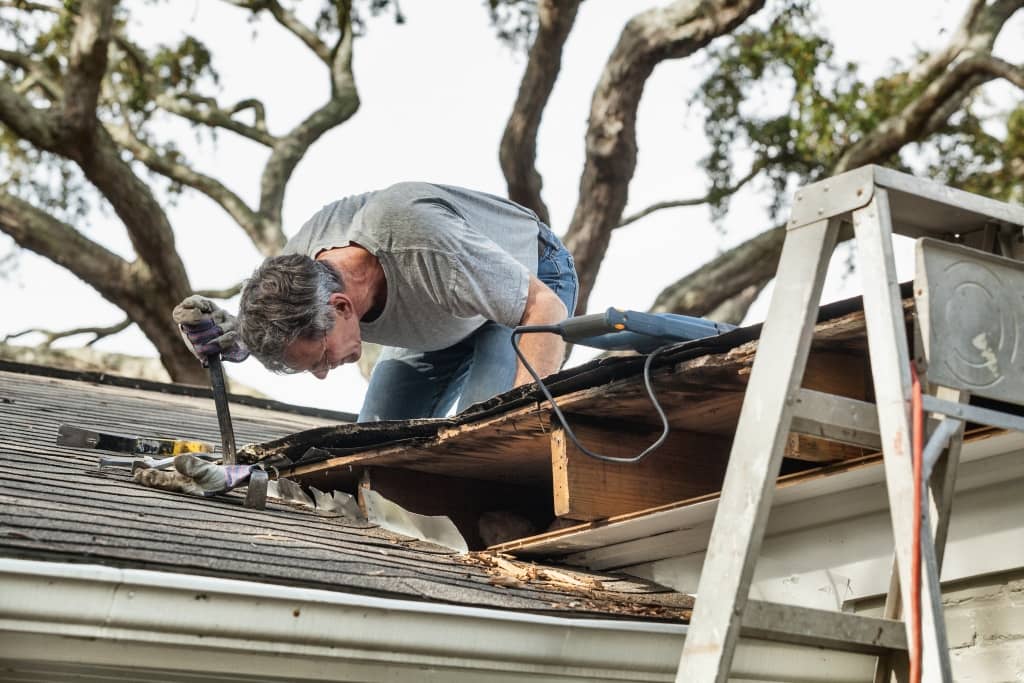 Man Examining And Repairing Rotten Leaking House Roof